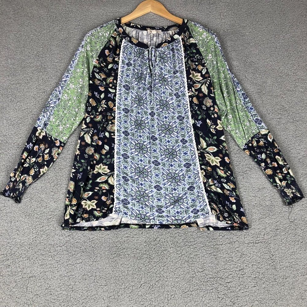 One World Women's 1X Peasant Blouse Floral Paisley Tie Front Stretch Casual Blue